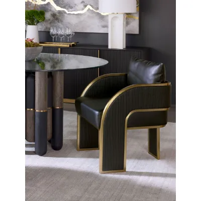Black Leather Effect Dining Armchair with Gold Detailing