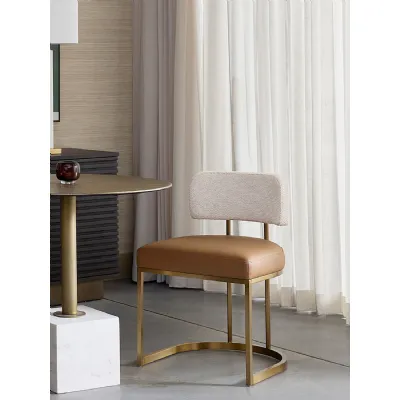 Barley Fabric and Leather Effect Dining Chair Brass Frame