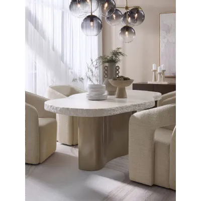Cream Concrete Large Curved Top Dining Table Brass Base