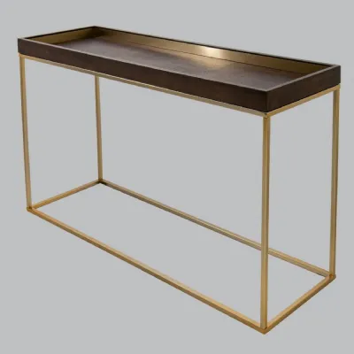 Chocolate Wood Top Console Table Champagne Metal Frame