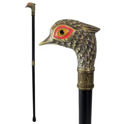 Brass Finish Pheasant Red Orange Eyed Swagger Cane Walking Stick 91cm