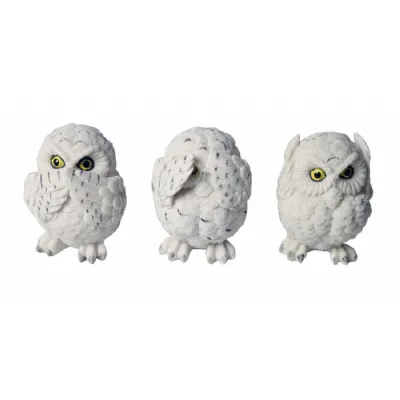 Set Of 3 White Owls Hear Speak, & See No Evil 8cm