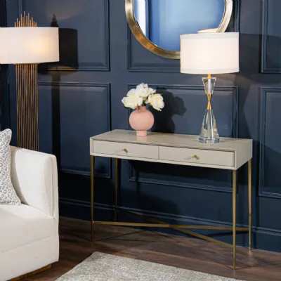 Ceramic Grey Wooden 2 Drawer Console Table Brass Base