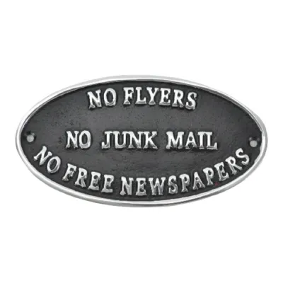 No Flyers No Junk Mail Sign Polished Aluminium 17cm