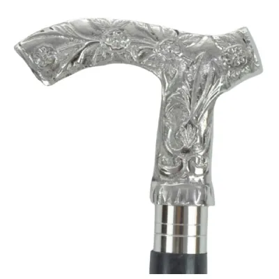 Nickel Finish Engraved Flower Swagger Cane Walking Stick 95cm