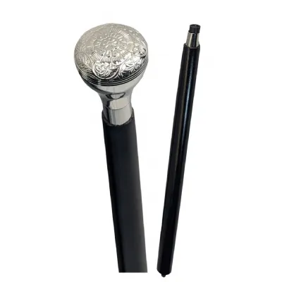 Nickel Finish Engraved Flower Round Top Swagger Cane Walking Stick 93cm