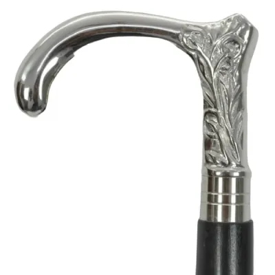 Nickel Finish Engraved Flower Swagger Cane Walking Stick 95cm