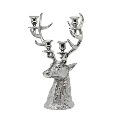 Stag Head Taper 4 Tier Candle Holder 40cm Nickel Plated Aluminium