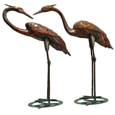 Modern Aged Copper Verdigris Set of 2 Crane Statues 77.5cm