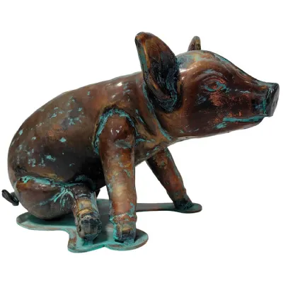48cm Aged Copper Verdigris Finish 3D Sitting Pig Statue On Heavy Metal Base