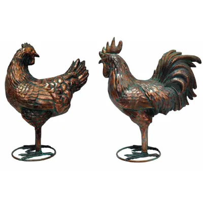 Modern Aged Copper Verdigris Set of 2 Rooster and Hen Statues 48cm