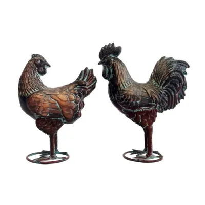 27.5cm Aged Copper Verdigris Finish 3D Small Rooster and Hen Statues On Heavy Metal Base