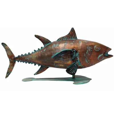 52cm Aged Copper Verdigris Finish Blue Tuna Fish Statue On Heavy Metal Base