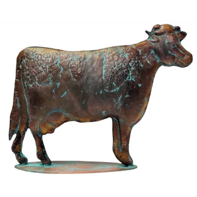 46.5cm Aged Copper Verdigris Finish 2D Cow Statue On Heavy Metal Base
