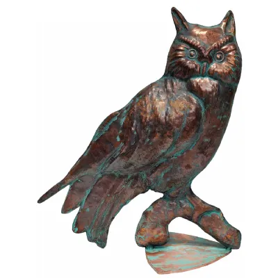 47cm Aged Copper Verdigris Finish 2D Owl Statue On Heavy Metal Base