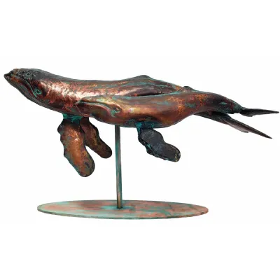46cm Aged Copper Verdigris Finish Humpback Whale Mother & Son Statue On Heavy Metal Base
