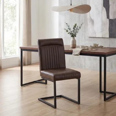 Brown Leather Look Upholstery Dining Chair Cantilever Legs