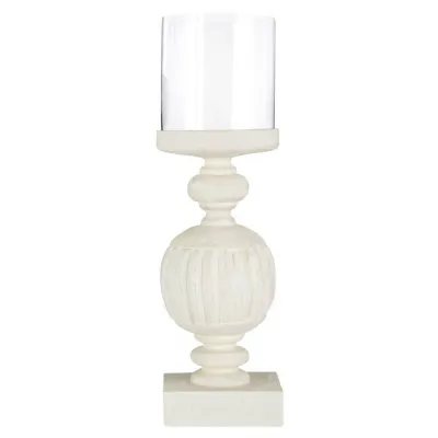 Mango Wood Whitewash Carved Candle Holder