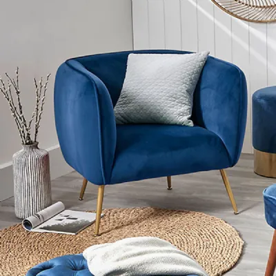 Sapphire Blue Velvet Curved Back Armchair Metal Legs