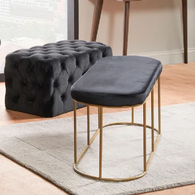 Black Velvet Fabric Bench with Gold Metal Frame