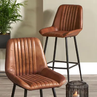 Vintage Tan Brown Leather Bar Stool Black Metal Legs