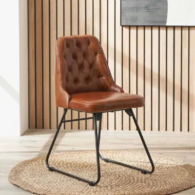 Vintage Brown Leather Diamond Back Dining Chair Metal Legs