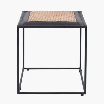 Black Leather, Woven Rattan and Iron Stool