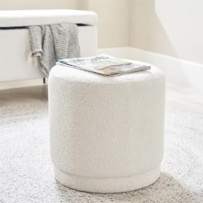 White Boucle Fabric Upholstered Cylinder Pouffe Stool