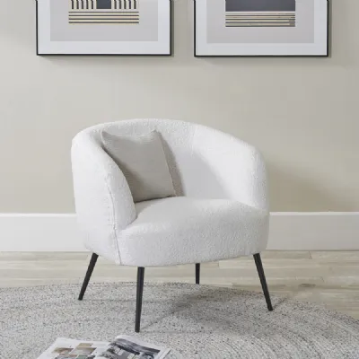 Retro Style White Boucle Upholstery Tub Chair Black Legs