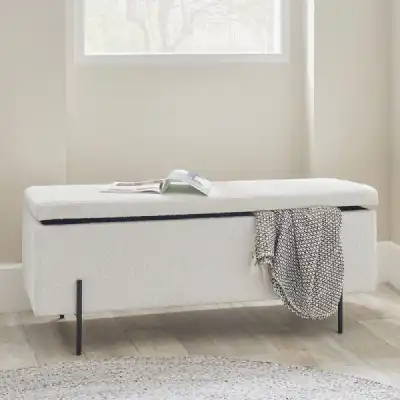 White Boucle Upholstery Storage Seating Bench Black Legs