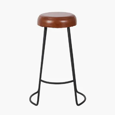 Cosimo Vintage Brown Leather and Black Metal Bar Stool