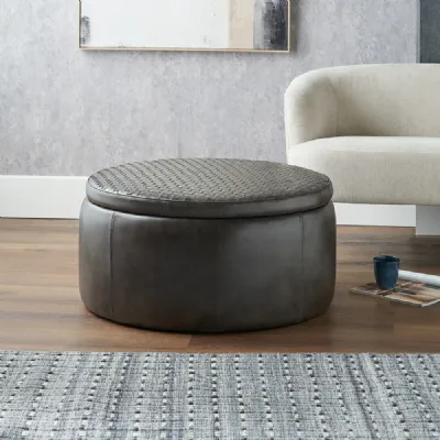 Peppercorn Handcrafted Leather Round Storage Pouffe
