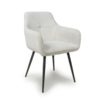 White Corduroy Fabric Curved Arm Dining Chair Metal Legs