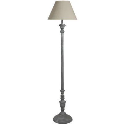 Grey Washed Rustic Wood Floor Lamp with Linen Fabric Shade Traditional Style