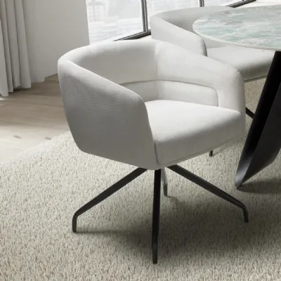 White Fabric Ribbed Swivel Dining Chair with Metal Legs