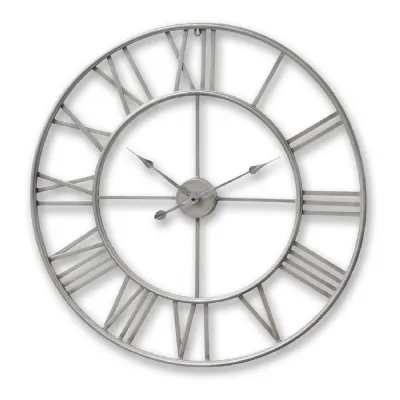 Large Silver Metal Framed Roman Numerals Skeleton Wall Clock 80cm