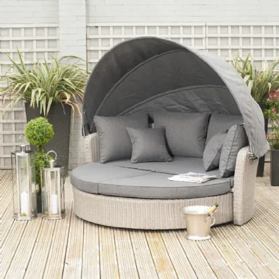 Stone Grey Rattan Outdoor Garden Round Day Bed with Cushions
