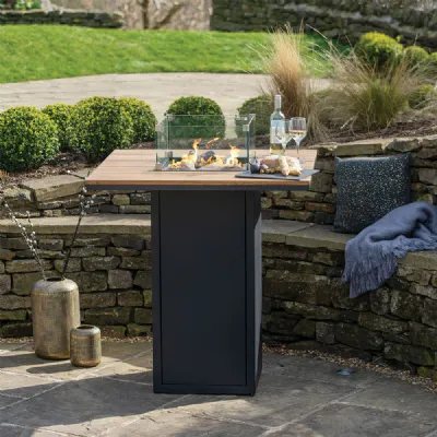 Black Metal Square Outdoor Fire Pit Bar Table with Teak Top