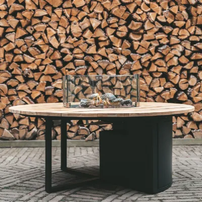 Black Metal Garden 120cm Round Fire Pit Bar Table Teak Top