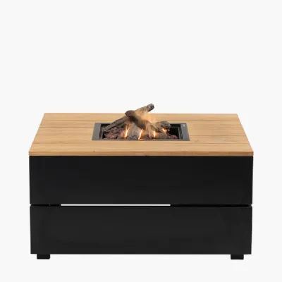 Black Metal Outdoor 100cm Square Fire Pit Table Teak Top