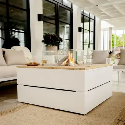 White Metal Garden Square Fire Pit Table with Wood Top