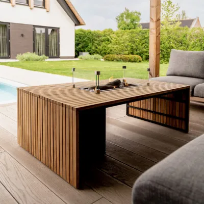 Slatted Teak Wood Rectangular Outdoor 140cm Fire Pit Table