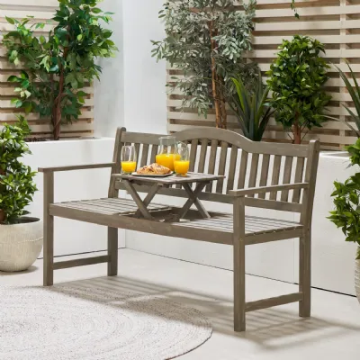 Grey Wood Large Outdoor Bench with Pop Up Centre Table