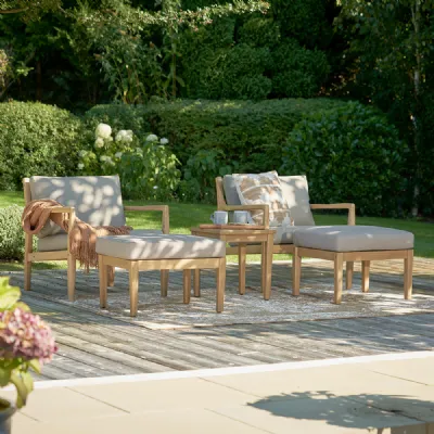 Acacia Wood Outdoor Hocker Set with Linen Taupe Cushions