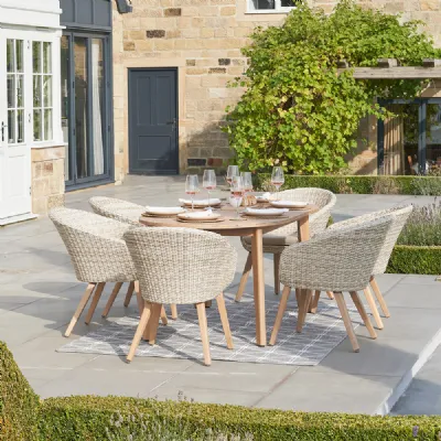 Acacia Wood and Rattan Weave Outdoor Oval Dining Set 6 Seat