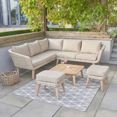 Acacia Wood and Rattan Weave Outdoor Corner Sofa Set