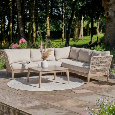 Beige Rope Weave Outdoor Corner Sofa Set Square Coffee Table