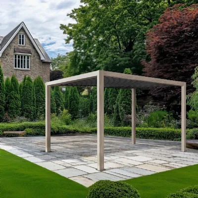 Teak Effect 3.5m x 3.5m Aluminium Pergola with LED Lighting