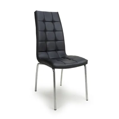 Black Leather Effect Grid Patterned Dining Chair Chrome Legs