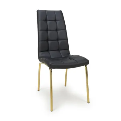 Black Leather Effect Grid Patterned Dining Chair Gold Legs